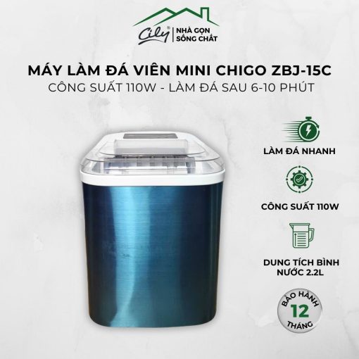 Máy làm đá viên mini CHIGO ZBJ-15C công suất 110W, làm đá sau 6–10 phút
