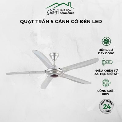Quạt trần 5 cánh có đèn LED màu bạc điều khiển từ xa – Cily.com.vn