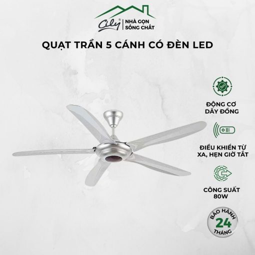 Quạt trần 5 cánh có đèn LED màu bạc điều khiển từ xa – Cily.com.vn