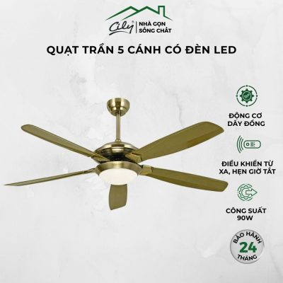 Quạt trần 5 cánh màu đồng có đèn LED cao cấp Cily – động cơ dây đồng 90W, điều khiển từ xa