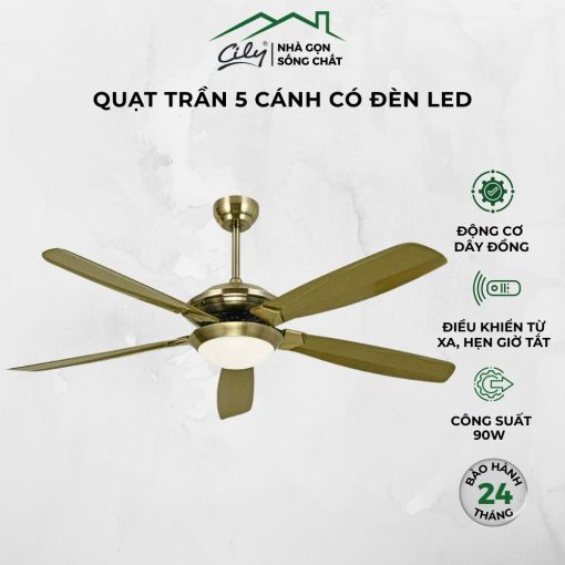 Quạt trần 5 cánh màu đồng có đèn LED cao cấp Cily – động cơ dây đồng 90W, điều khiển từ xa